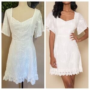 NWOT Lulus Morning in Mallorca White Cotton Eyelet Short Sleeve Mini Dress